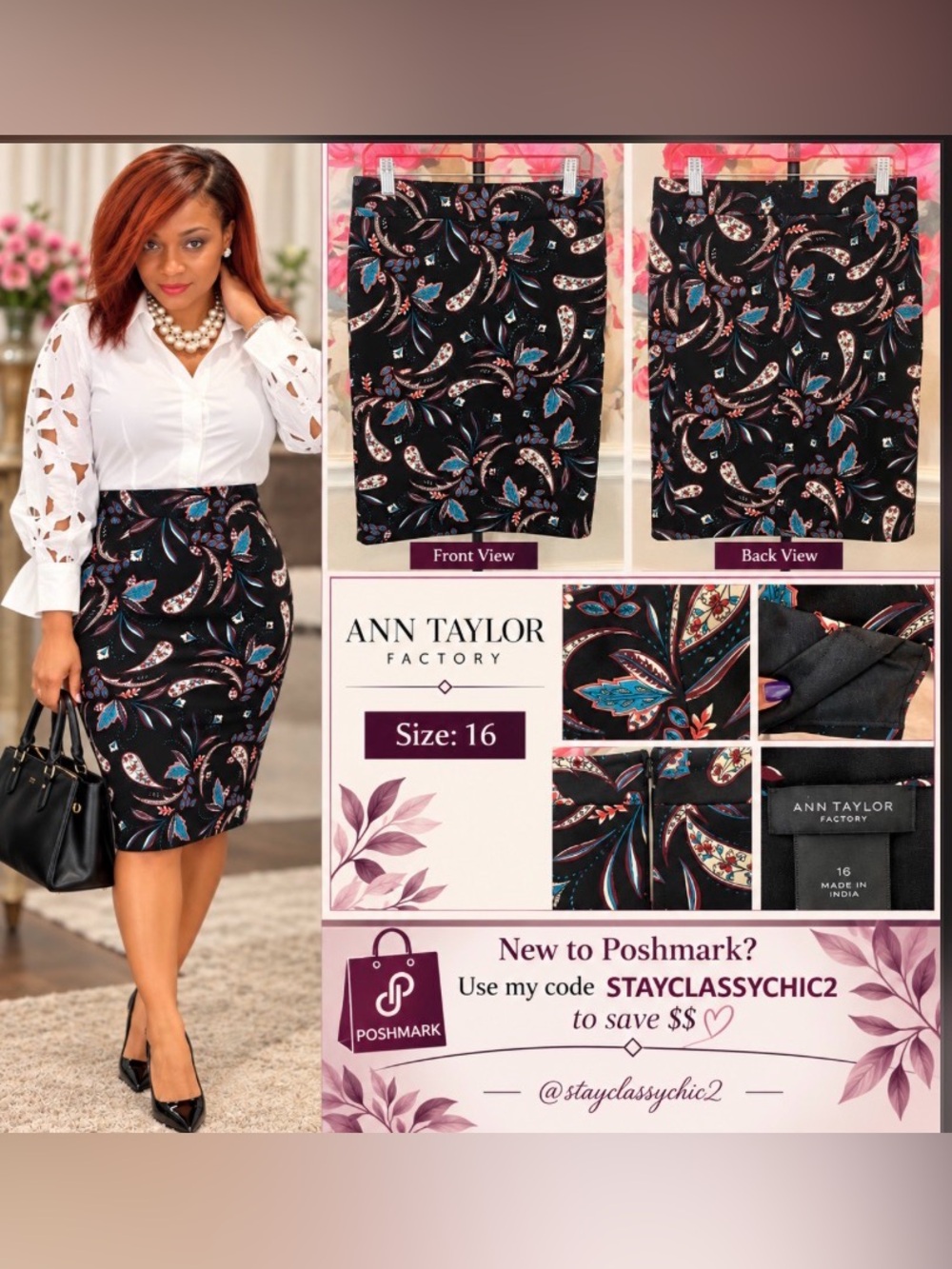 Ann Taylor Factory Black Pencil Skirt with Blue & Pink Paisley Print